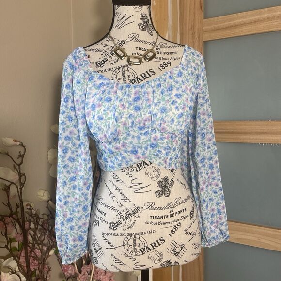 Japna White Blue Floral Pattern Long Puff Sleeve Back Tie Crop Top Blouse S - Picture 1 of 11